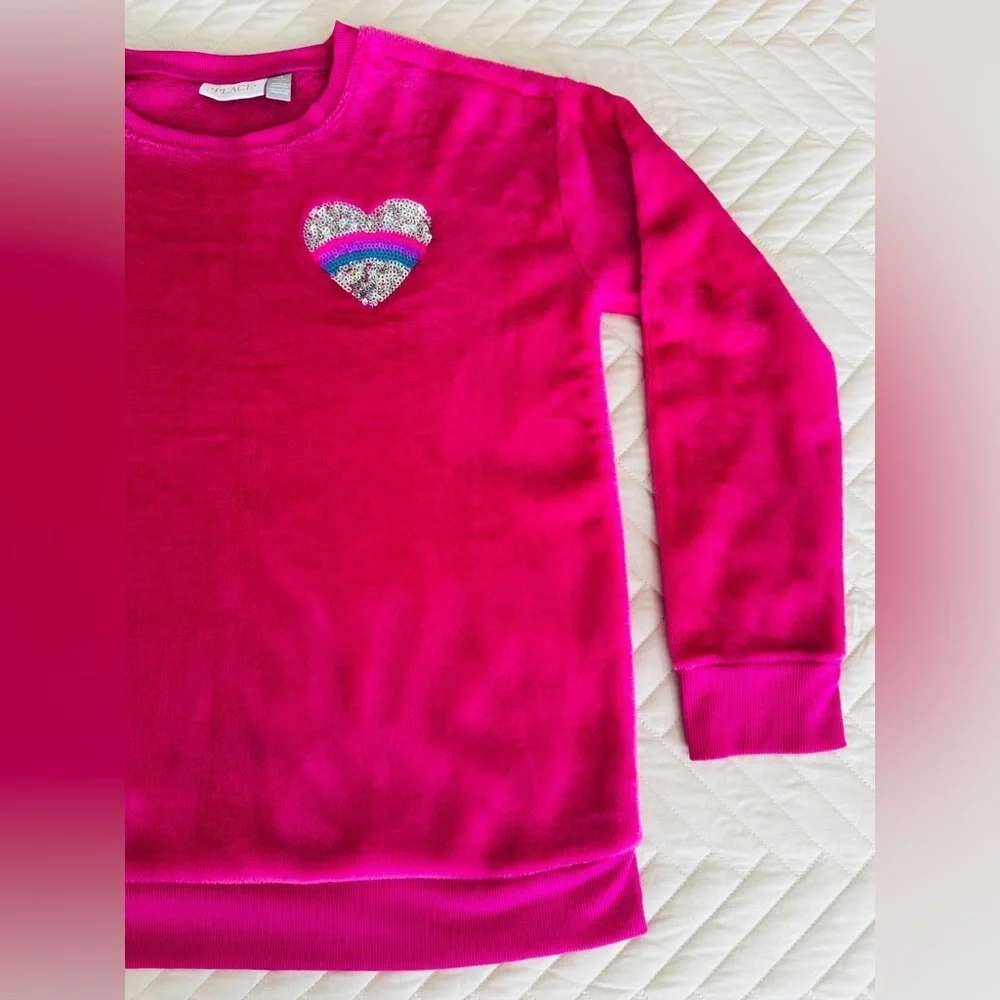 Childrens Place Fuchsia Sequin Heart Furry Sherpa Sweatshirt Top Size XL 14